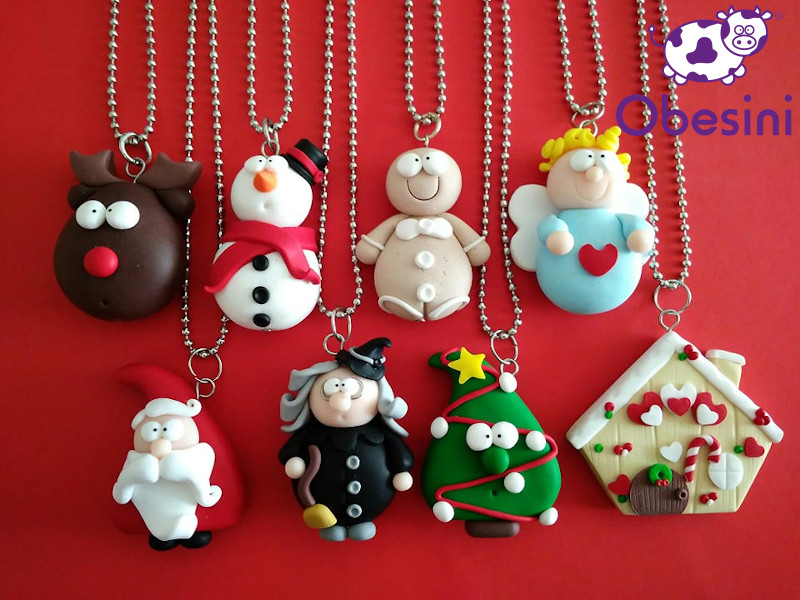 Collana Natalizia Casetta E Albero Di Natale Obesini In Fimo